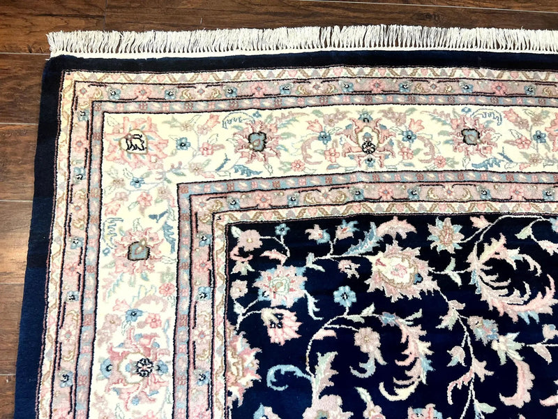 Indo Persian Rug 9x12, Navy Blue and Ivory/Cream, Floral Allover, Wool Vintage Handmade Carpet by Jewel Rugs