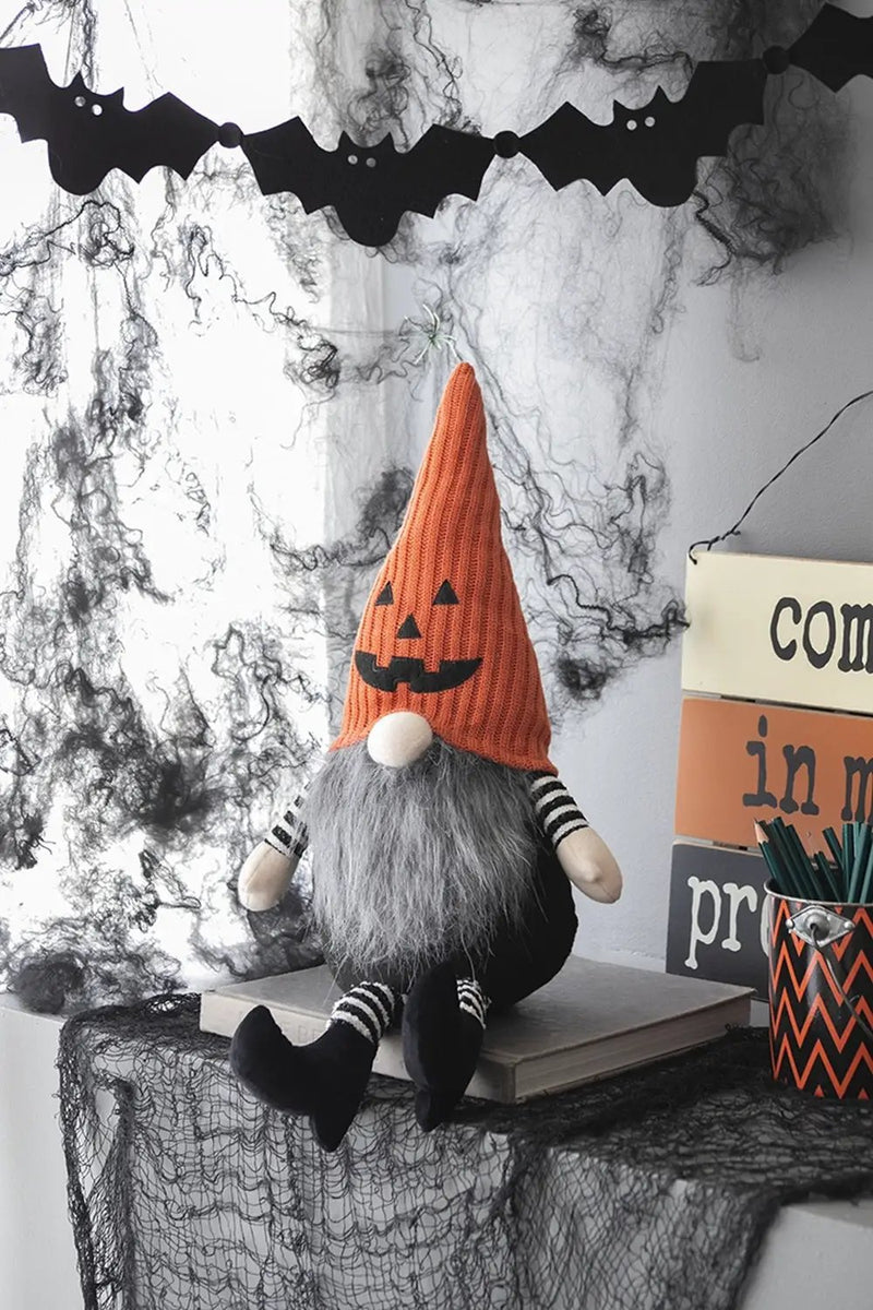 23.5" Seated Jack-O'-Lantern Gnome With Striped Limbs and Faux Fur Beard by HouseOfZazla