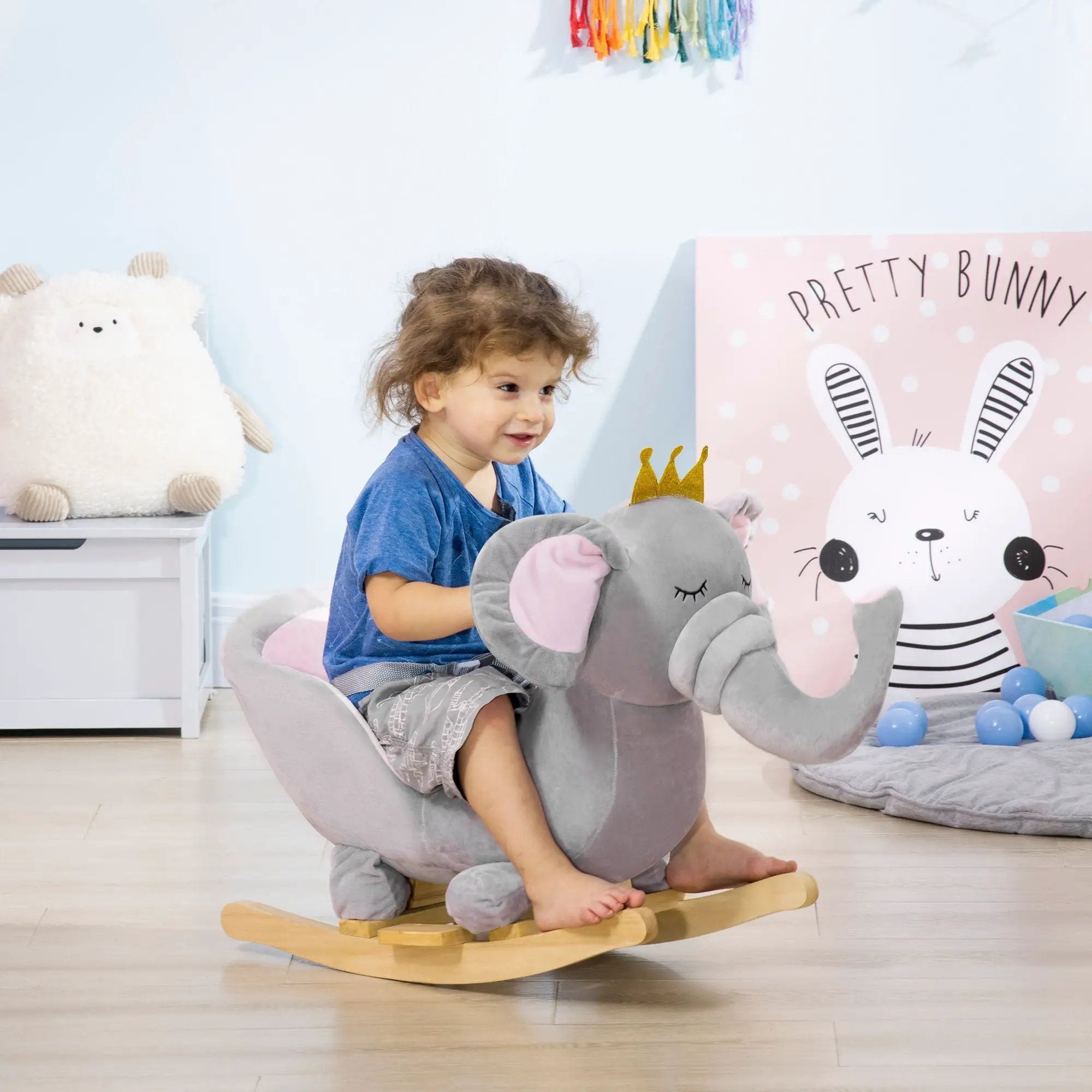 Qaba - Baby Rocking Horse Elephant Rocking Chair Toddler Rocker Toy With Sound Wooden Base Seat Safety Belt For 1.5-3 Year Old - Gray by HouseOfZazla