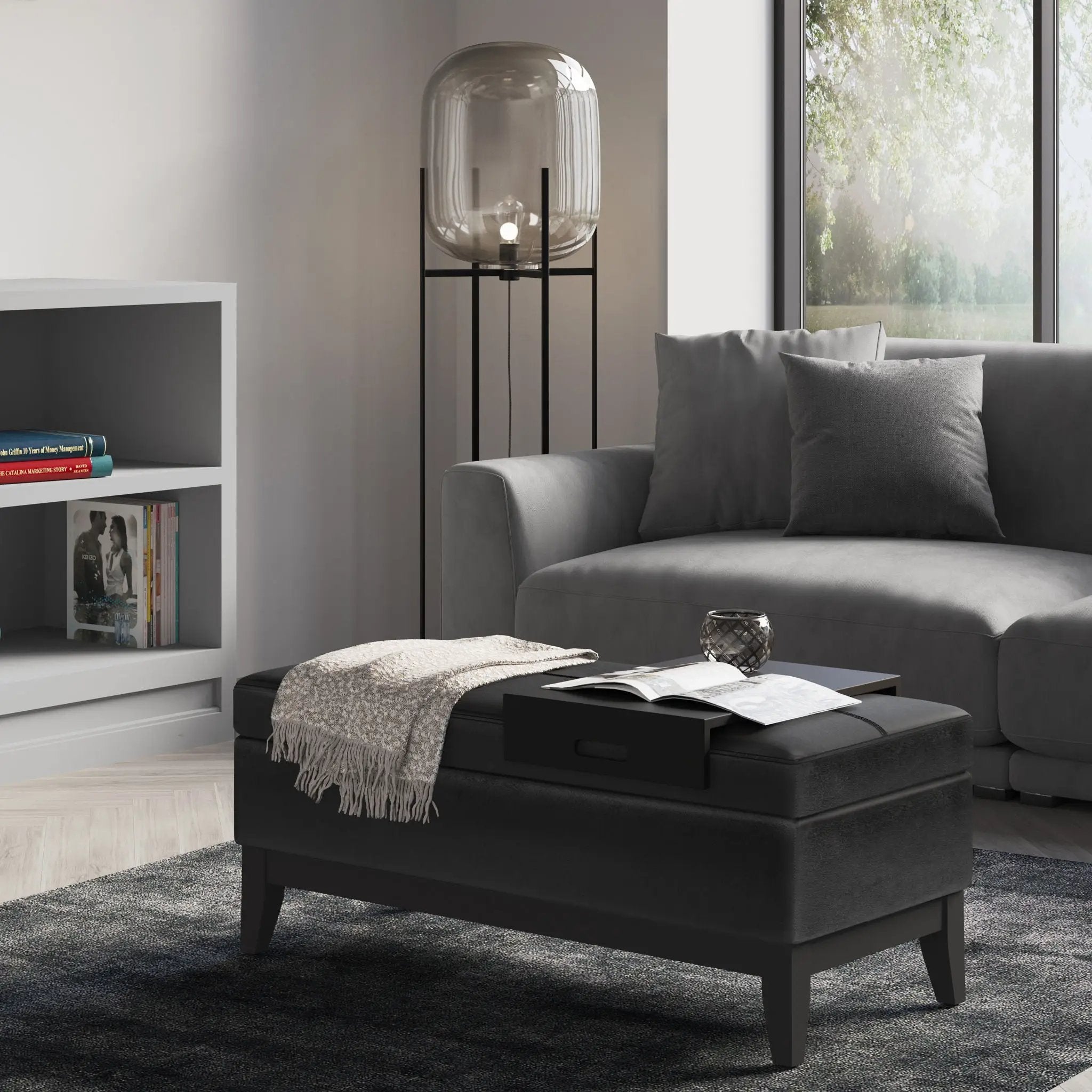Oregon - Storage Ottoman Bench With Tray - Distressed Black by HouseOfZazla