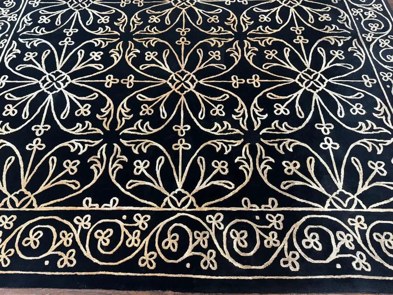 Tibetan Rug 8x10, Wool and Silk, Raised Pattern, Black and Gold, Floral by Jewel Rugs