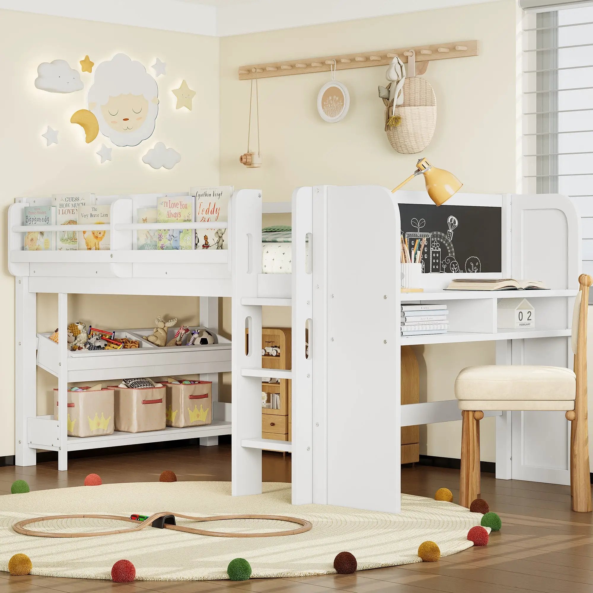 Twin Loft Bed With Multi-Storage Bookcases, Desk And Blackboard by HouseOfZazla