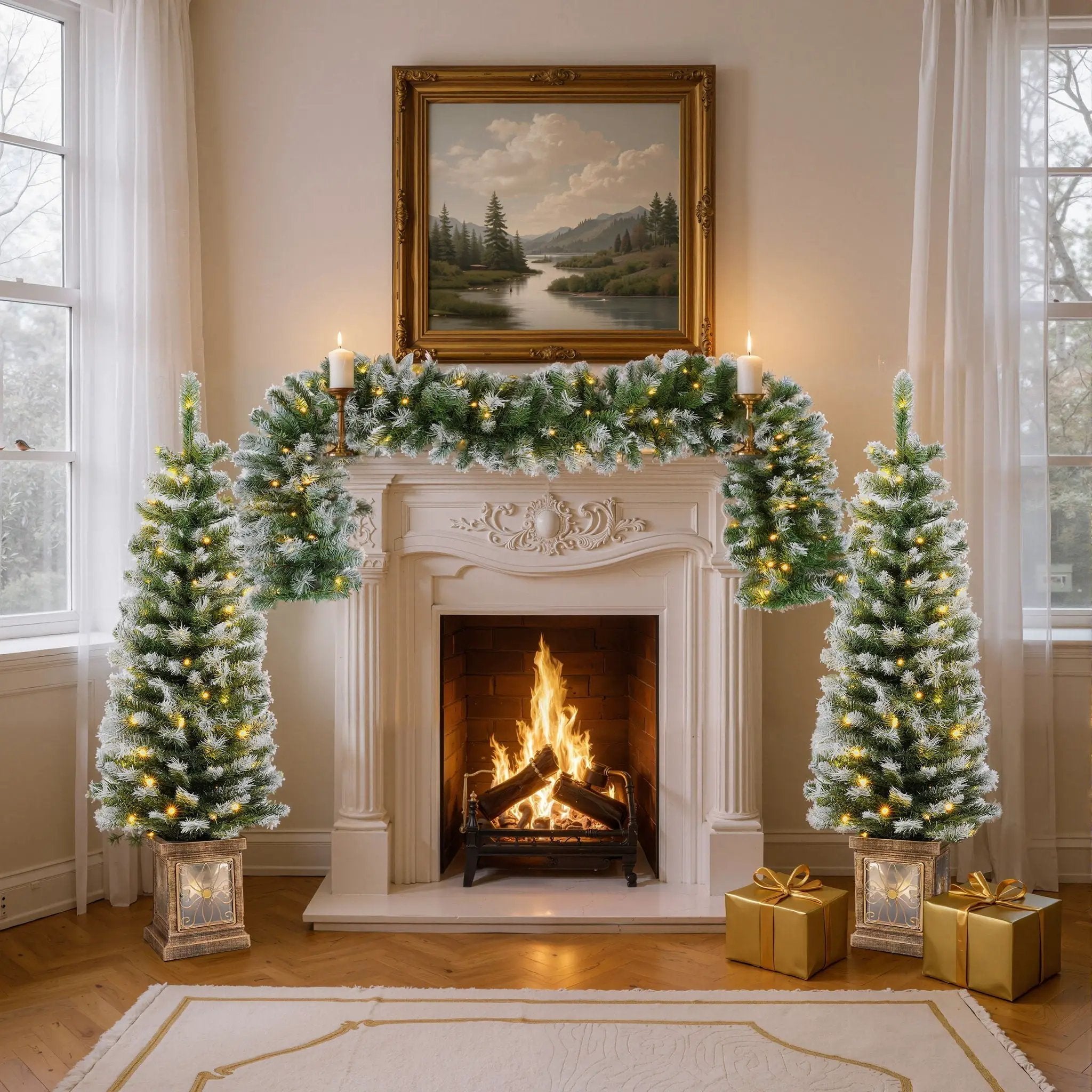 Artificial Christmas 3 Piece Set Wreath And 2 Entrance Trees With LED Lights - White / Green by HouseOfZazla