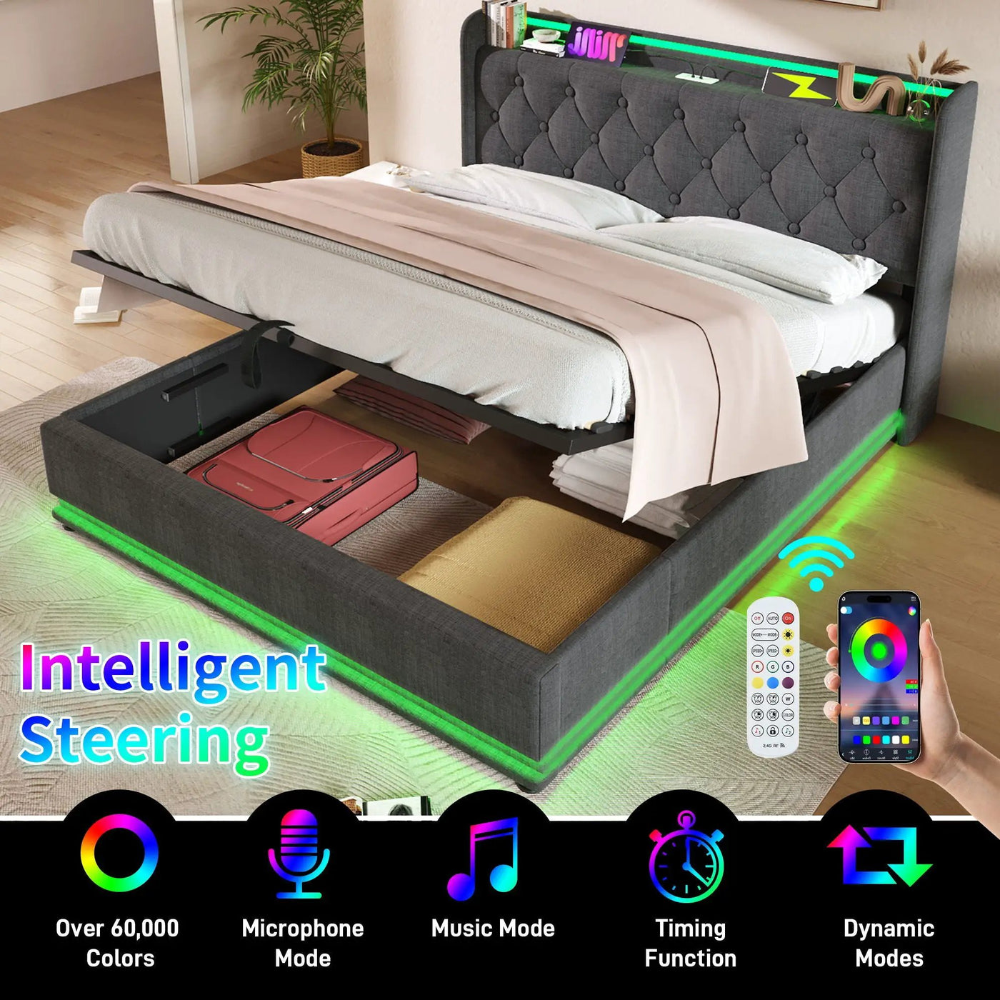 Upholstered Bed, 360 Surround LED Function, Remote Control, Hydraulic Storage Bed With USB, Type-C Charging (Without Mattress) by Unique Piece Furniture