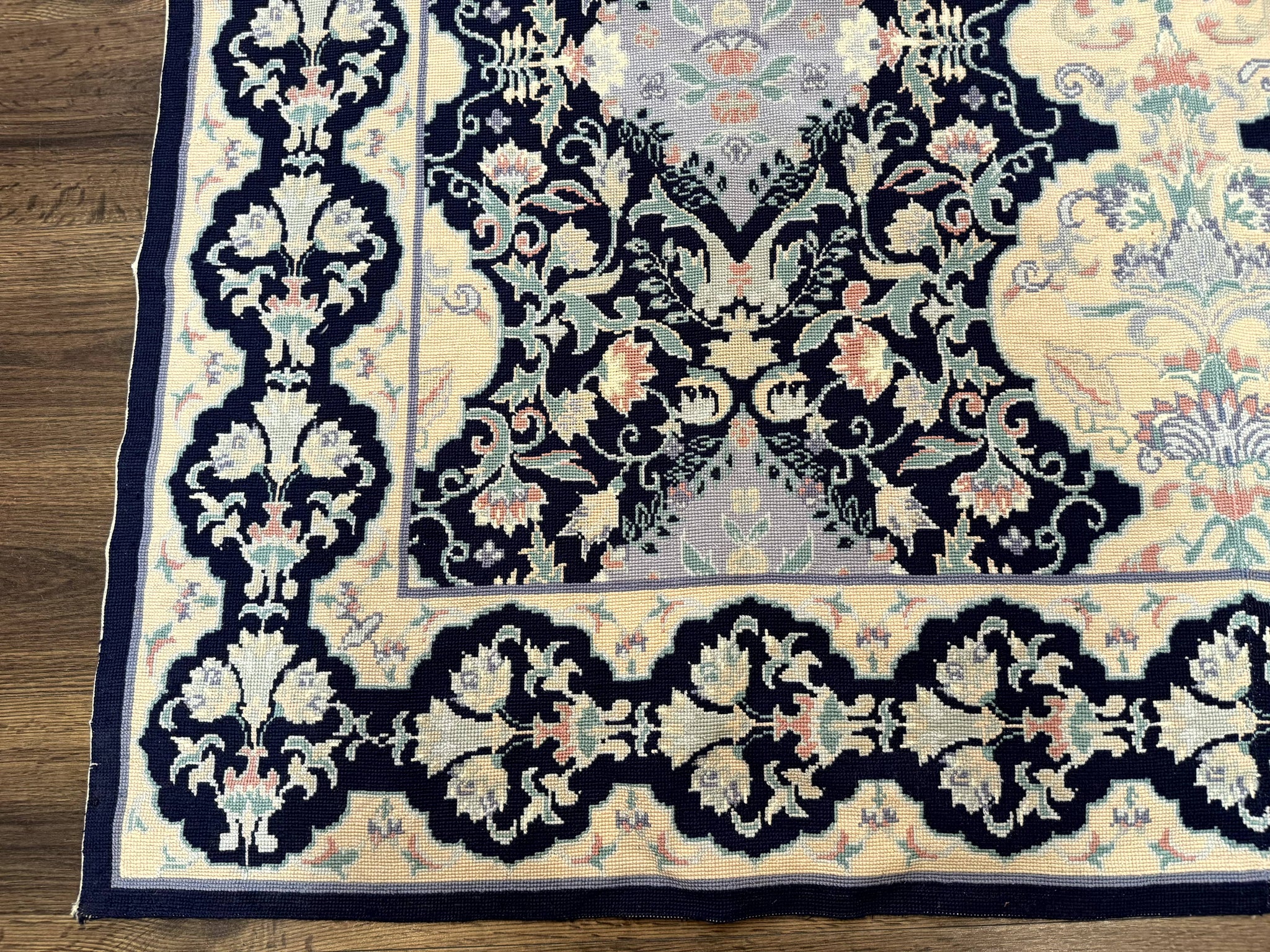 Needlepoint Rug 6x9, Ivory and Navy Blue by Jewel Rugs