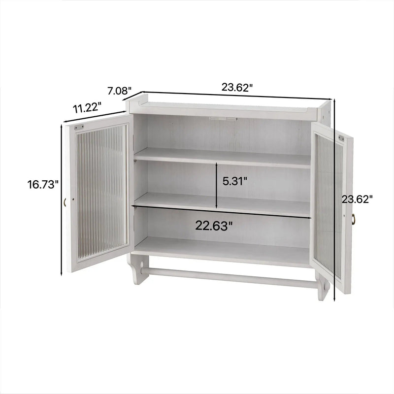 Vintage Double Door Wall Cabinet With Three Tiers Storage And Towel Rack - White Washed by HouseOfZazla
