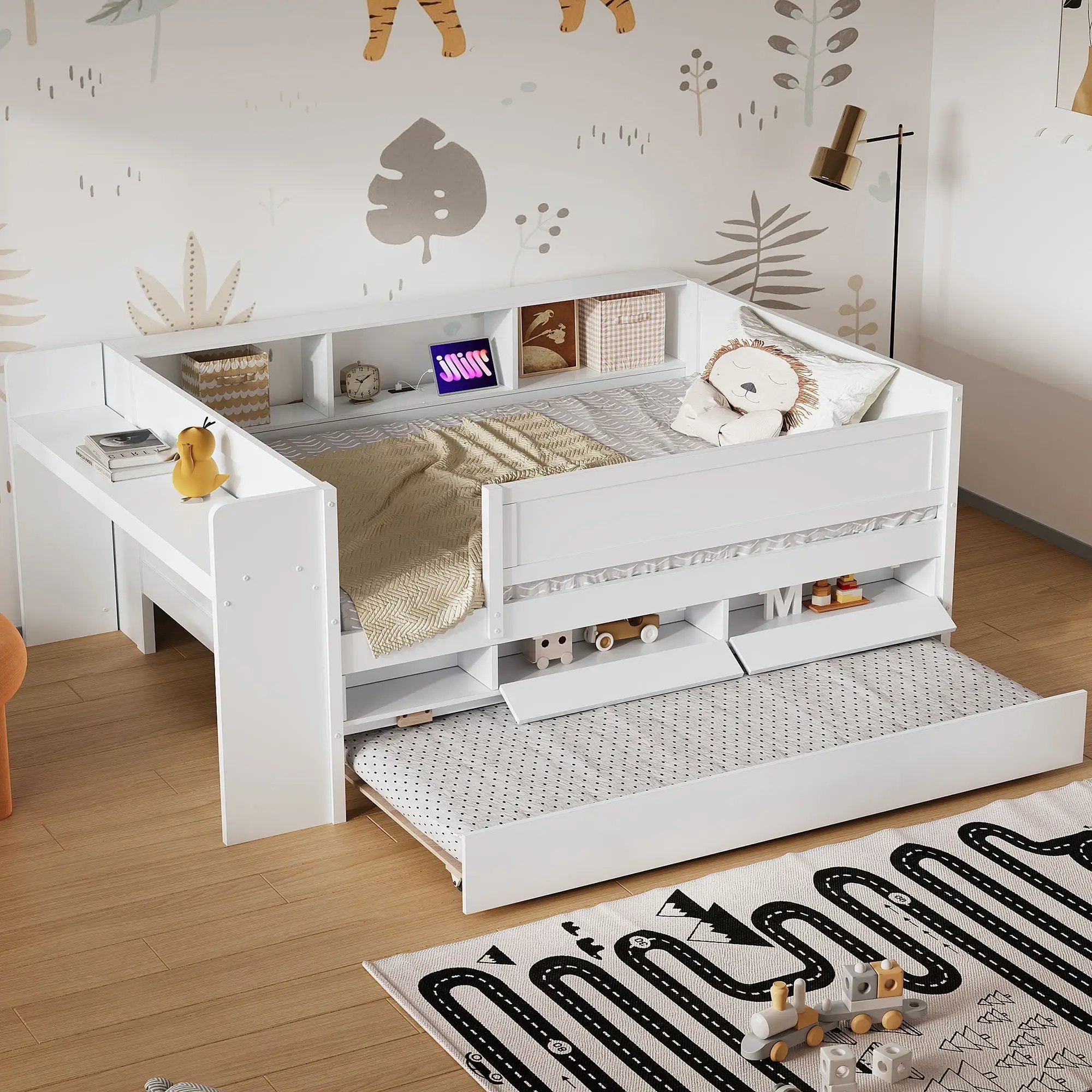 Twin Daybed With Drawers, Trundle, Headboard Storage, Study Desk, And USB Charging Station - White by HouseOfZazla
