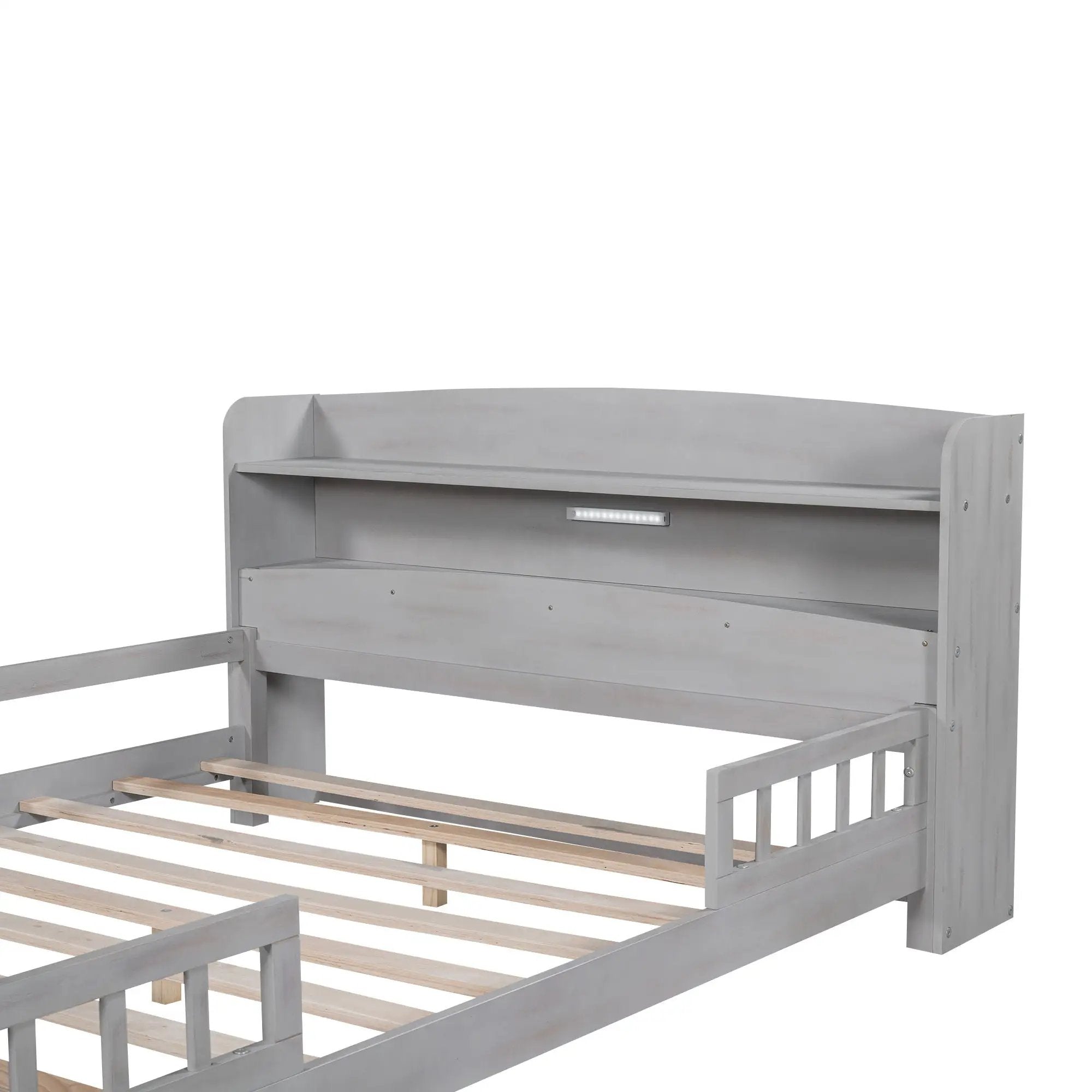 Wood Platform Bed With Built In LED Light, Storage Headboard And Guardrail