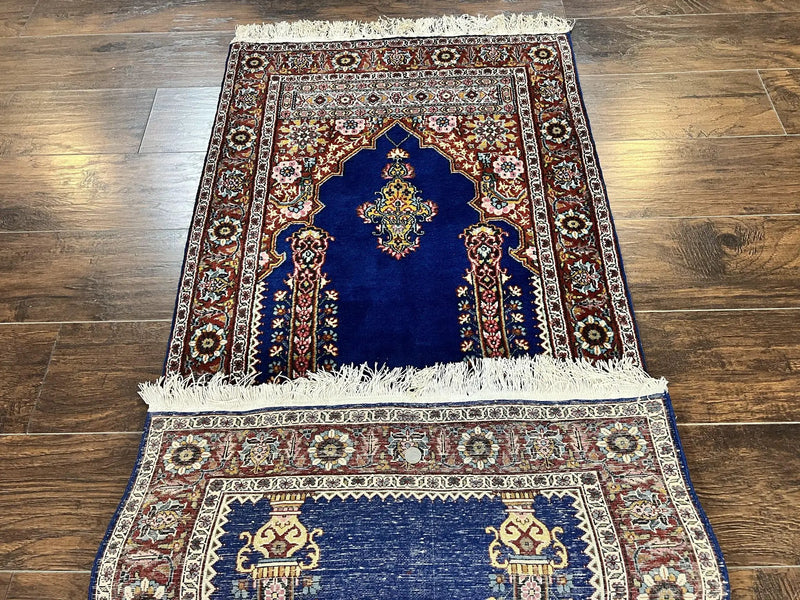Indo Persian Prayer Rug 3x5, Fine Oriental Carpet, Dark Blue and Red, Vintage Hand Knotted Handmade Prayer Rug by Jewel Rugs