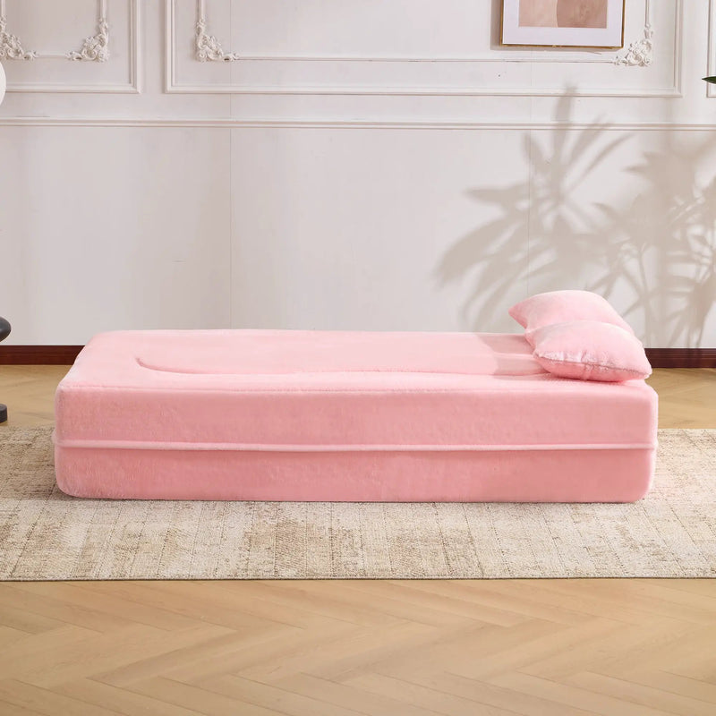 71-Inch Folding Sofa Bed in Pink Chenille with High-Density Foam by HouseOfZazla
