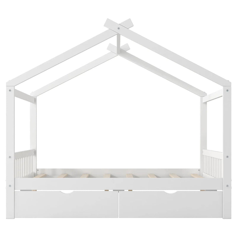 House Style Platform Bed With Headboard, Footboard, 2 Drawers, And Roof Design by HouseOfZazla