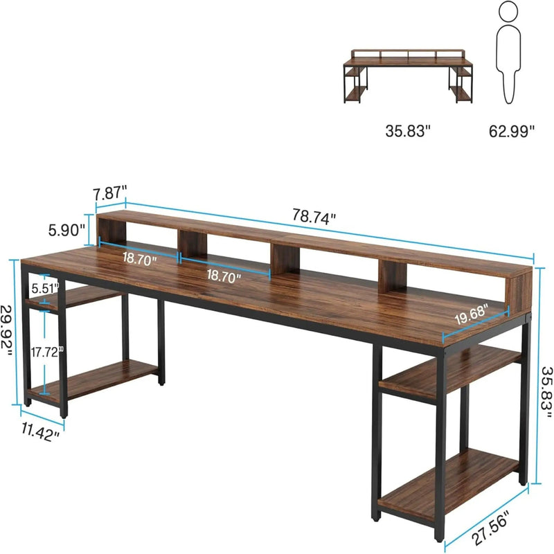 2 Person Desk With Monitor Stand, Long Office Workstation With Dual Storage Shelves And Frame - Brown / Black by HouseOfZazla