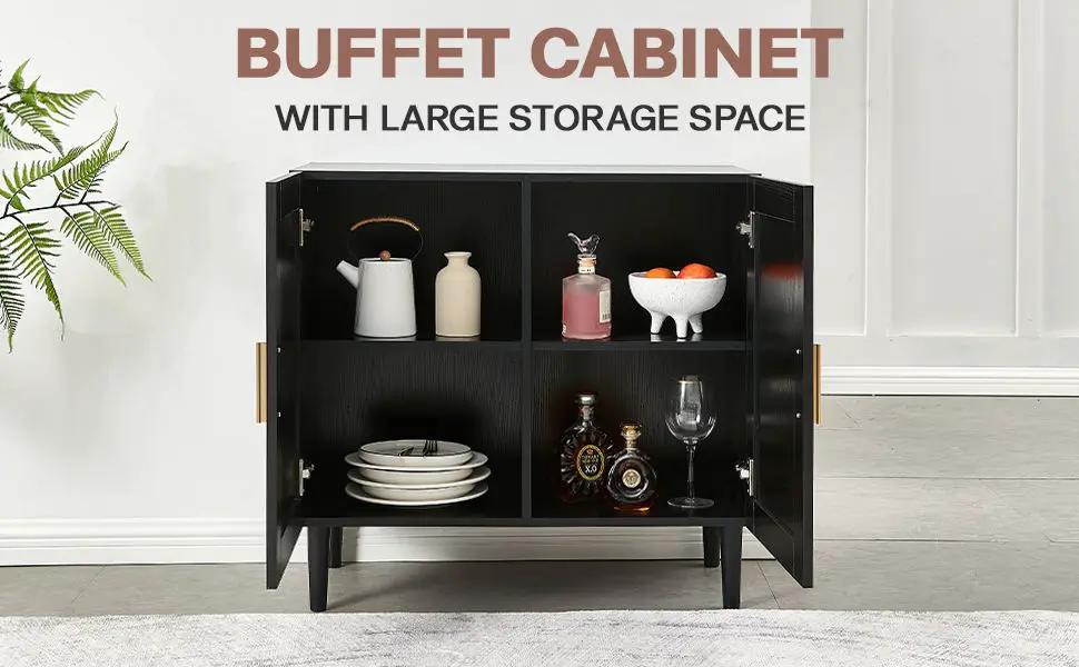 Side Panel Buffet Cabinet With Natural Rattan Door, Rattan Storage Cabinet With Adjustable Shelves, Side Panel And Buffet With Storage Space, Modern Console Cabinet In Bedroom And Living Room - Black / Beige by HouseOfZazla