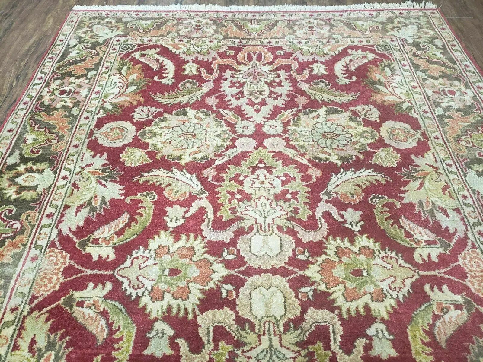 Indo Persian Rug 6x9, Hand Knotted Vintage Indian Sultanabad Agra Wool Rug, Handmade Oriental Carpet 6 x 9, Red Large Floral Design by Jewel Rugs