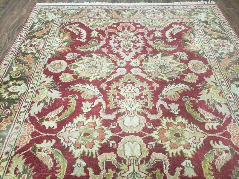 Indo Persian Rug 6x9, Hand Knotted Vintage Indian Sultanabad Agra Wool Rug, Handmade Oriental Carpet 6 x 9, Red Large Floral Design by Jewel Rugs