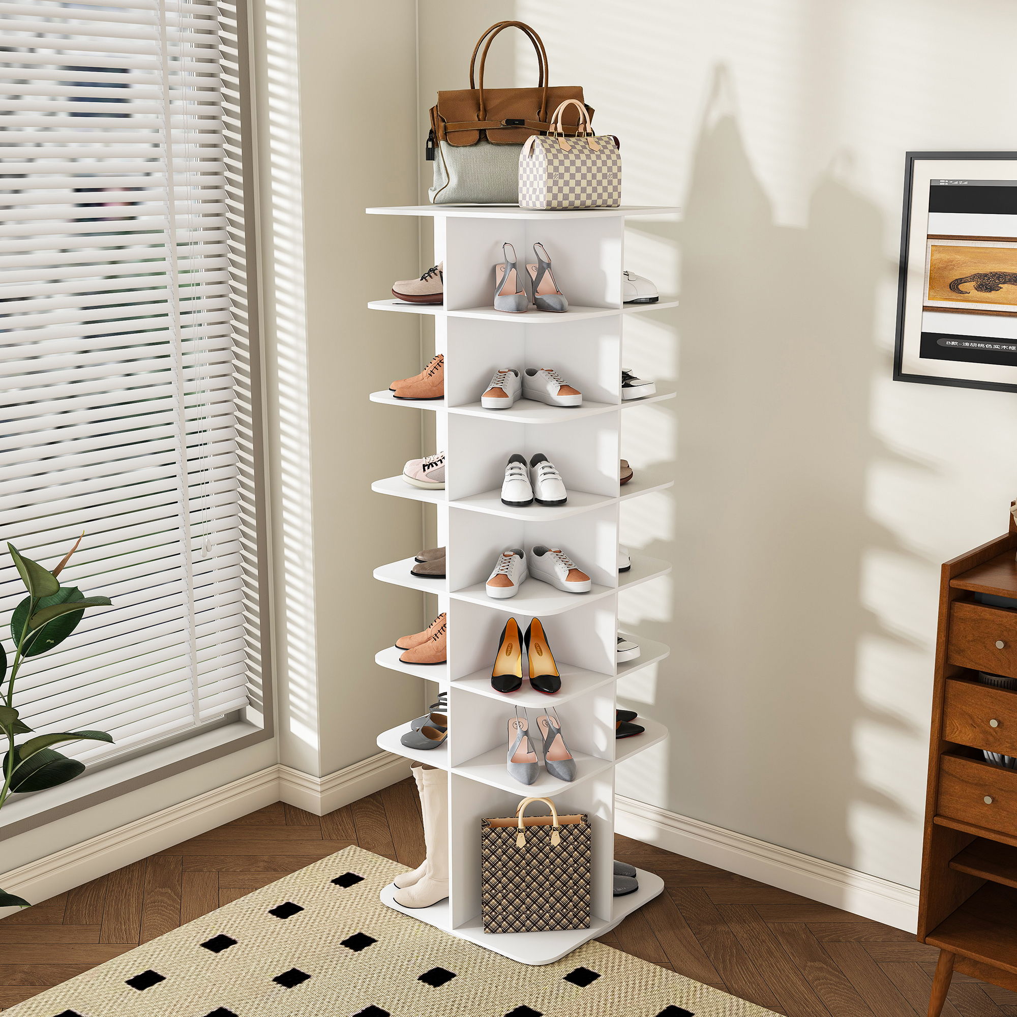 7 Tier Square Rotating Shoe Rack Tower With 360° Spinning Organizer - White by HouseOfZazla