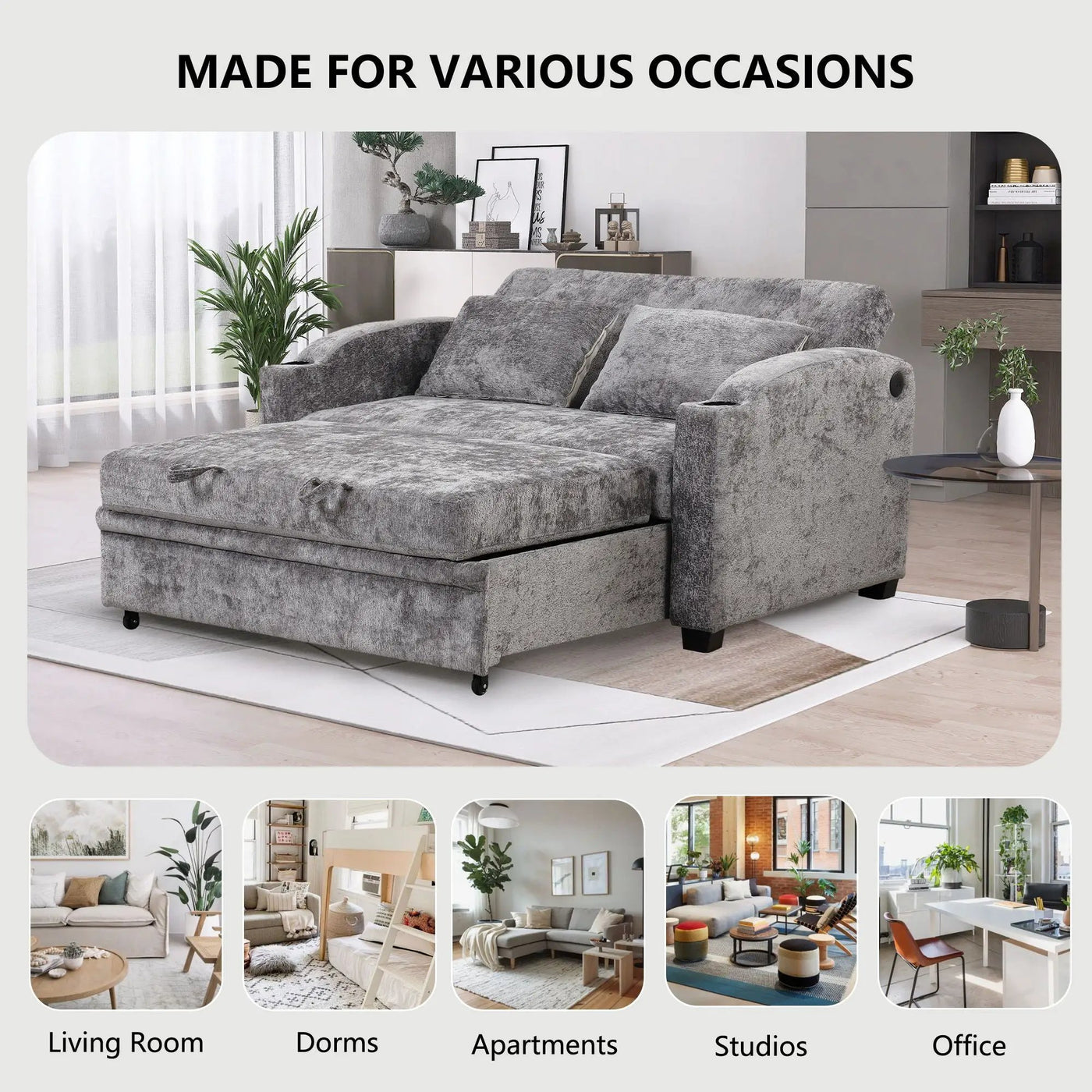 Pull Out Loveseat Sofa With Adjsutable Backrest, 2 Pillows, Cup Holders, USB Ports For Living Room by HouseOfZazla