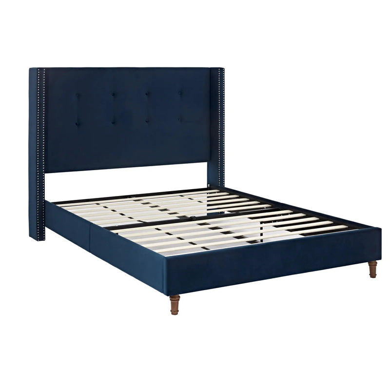 Peyton Upholstered Queen Bed with 54' High Headboard and Traditional Buttoned Tufting in Blue Velvet by BLAKHOM