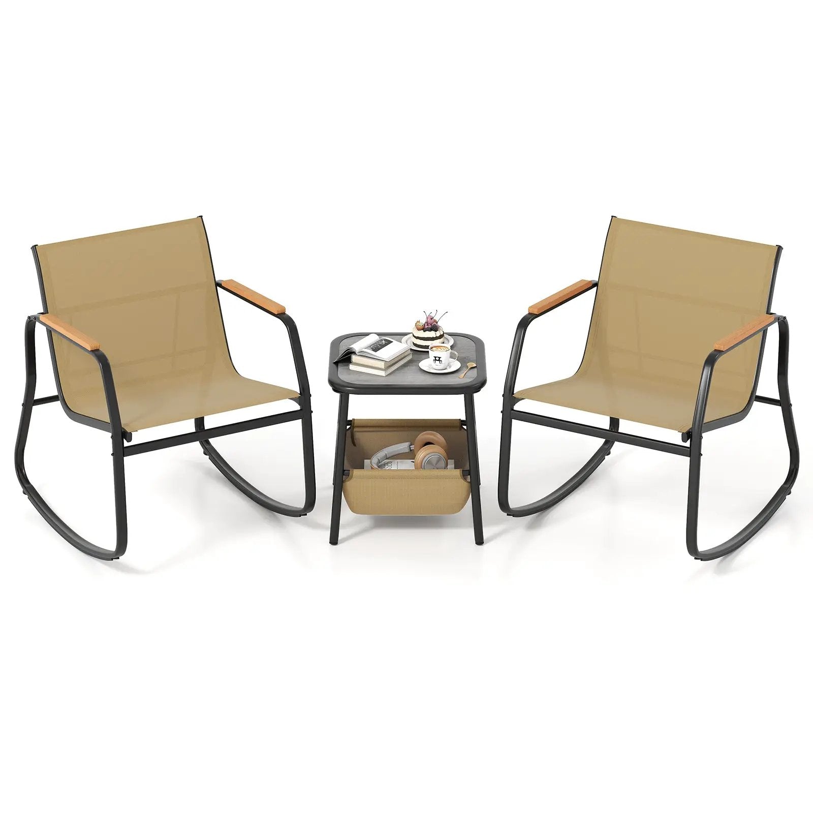3 Piece Rocking Bistro Chairs and Side Table Set with Storage Bag-Brown by DirectDeals