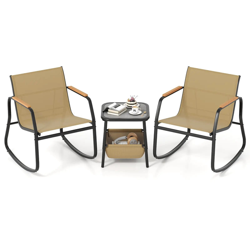 3 Piece Rocking Bistro Chairs and Side Table Set with Storage Bag-Brown by DirectDeals
