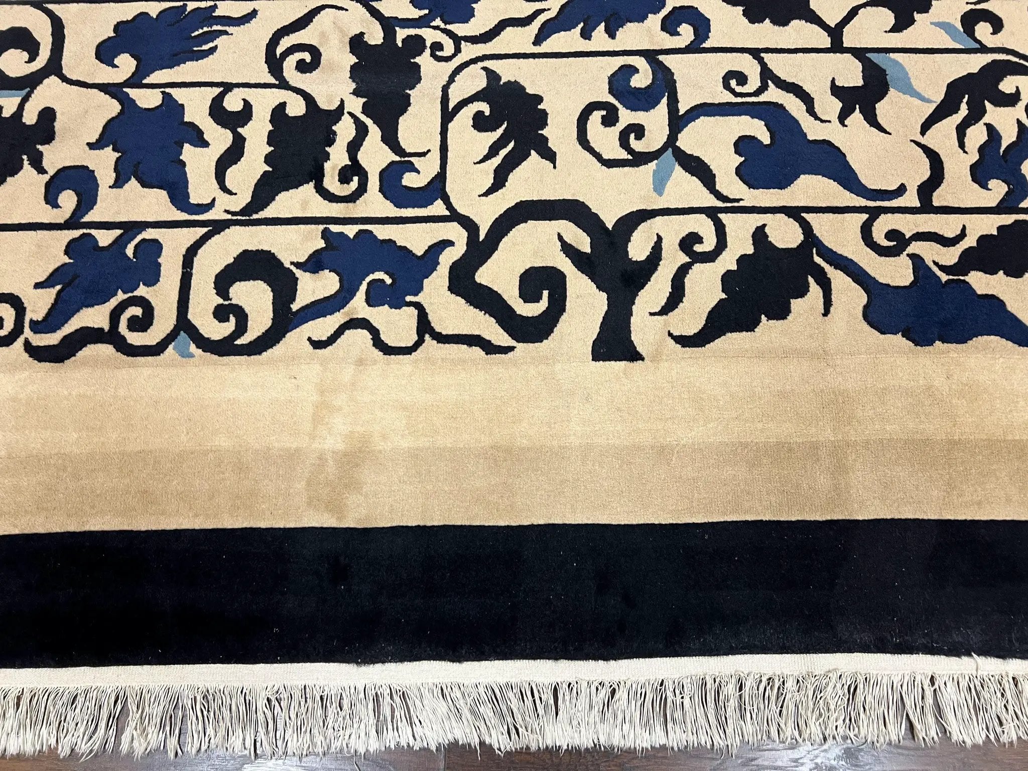Antique Chinese Peking Rug 10x14, Beige Black, Handmade Wool Art Deco Carpet by Jewel Rugs