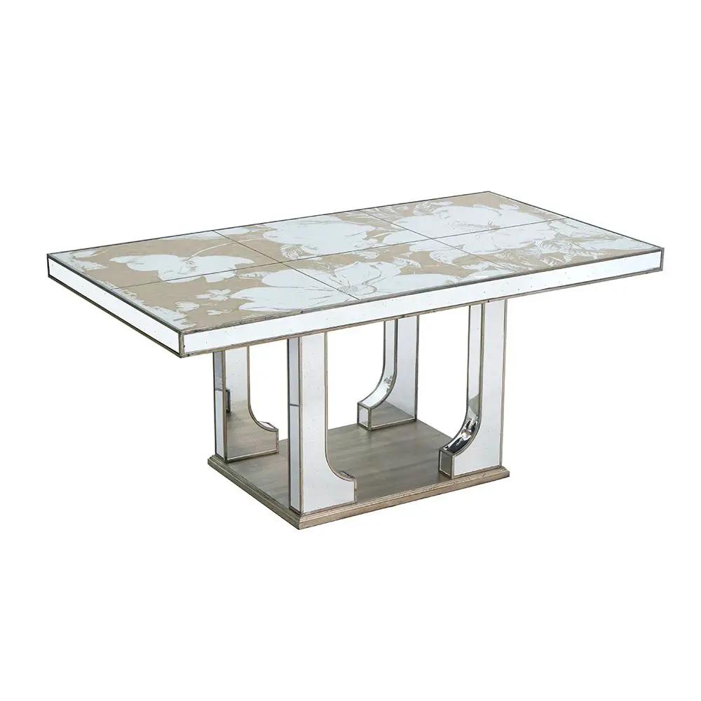 Large Mirrored Dining Table With Elegant Floral Design And - Silver Multi by Unique Piece Furniture
