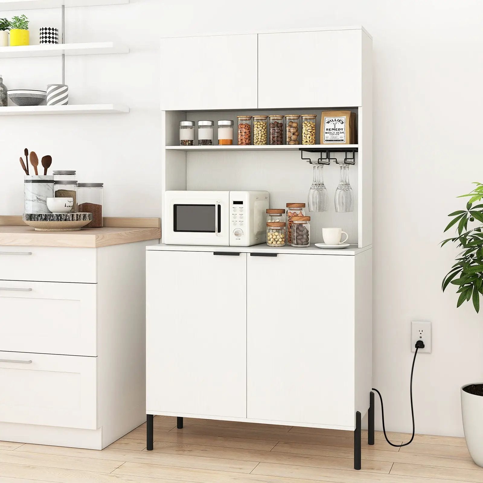 64.5 Inches Tall Kitchen Pantry Cabinet with Charging Station and Wine Glass Rack by DirectDeals