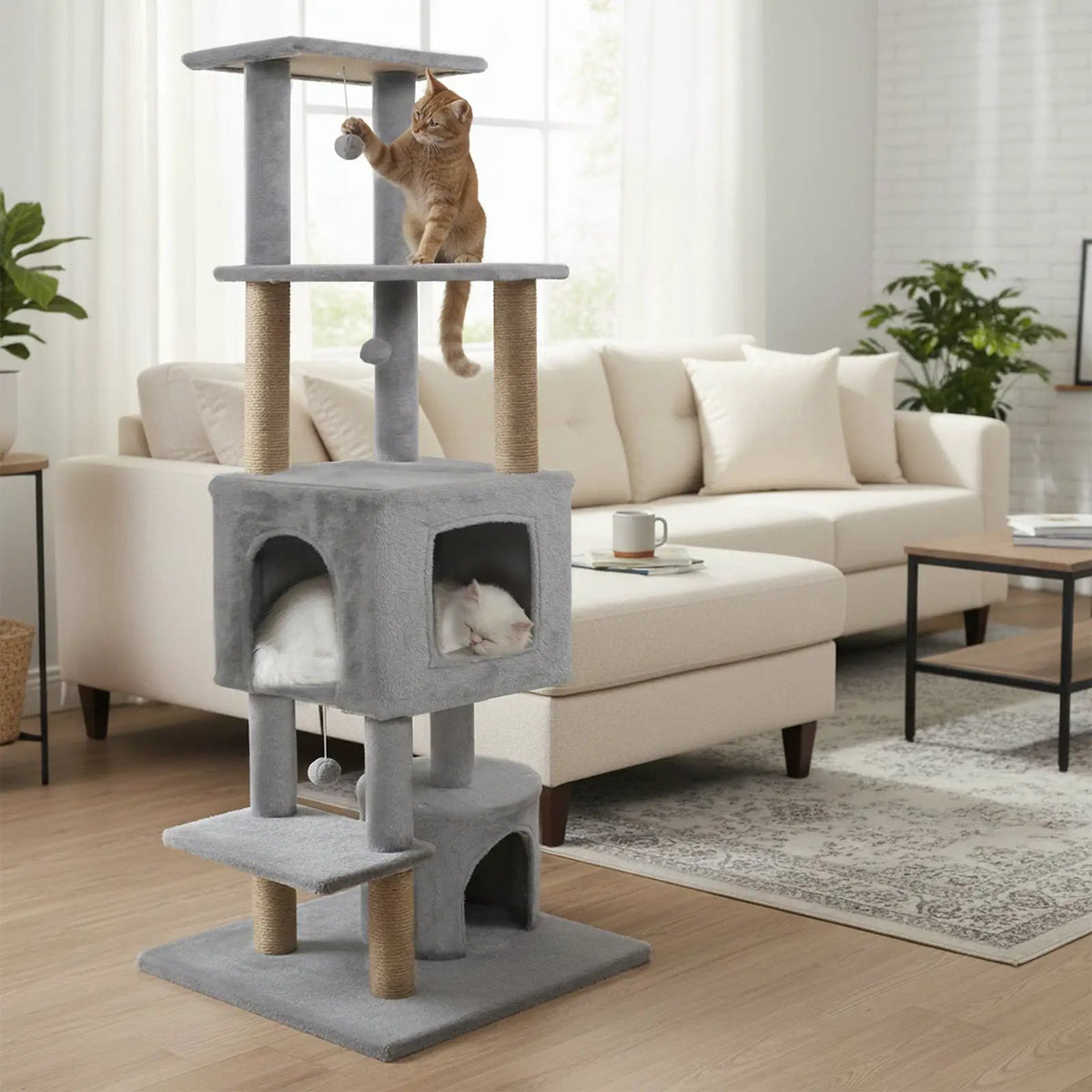 64 Inch Tall Cat Tree with 2 Large Condos and Jute Scratching Posts for Indoor Adult Cats, photo 6 of 24