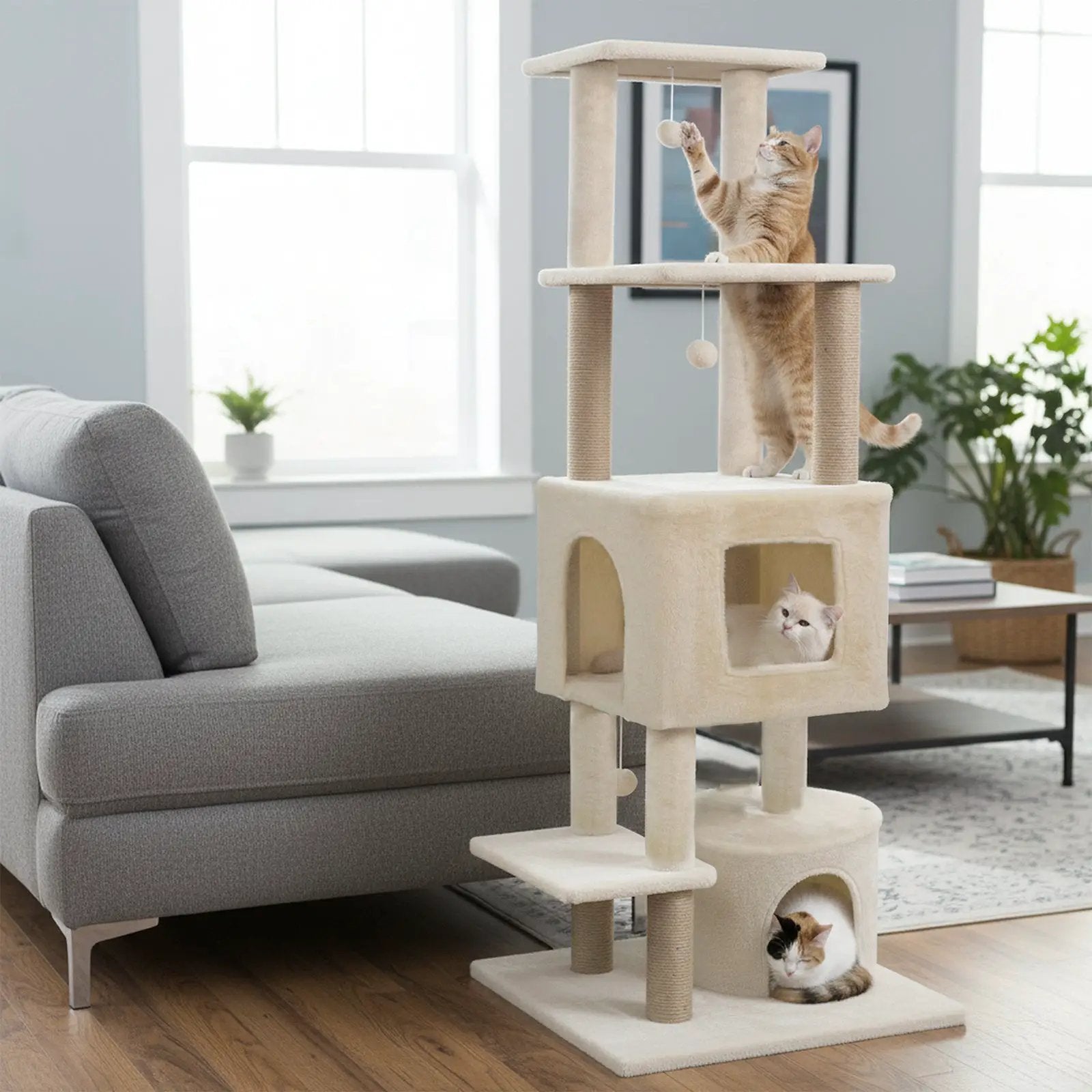 64 Inch Tall Cat Tree with 2 Large Condos and Jute Scratching Posts for Indoor Adult Cats by DirectDeals