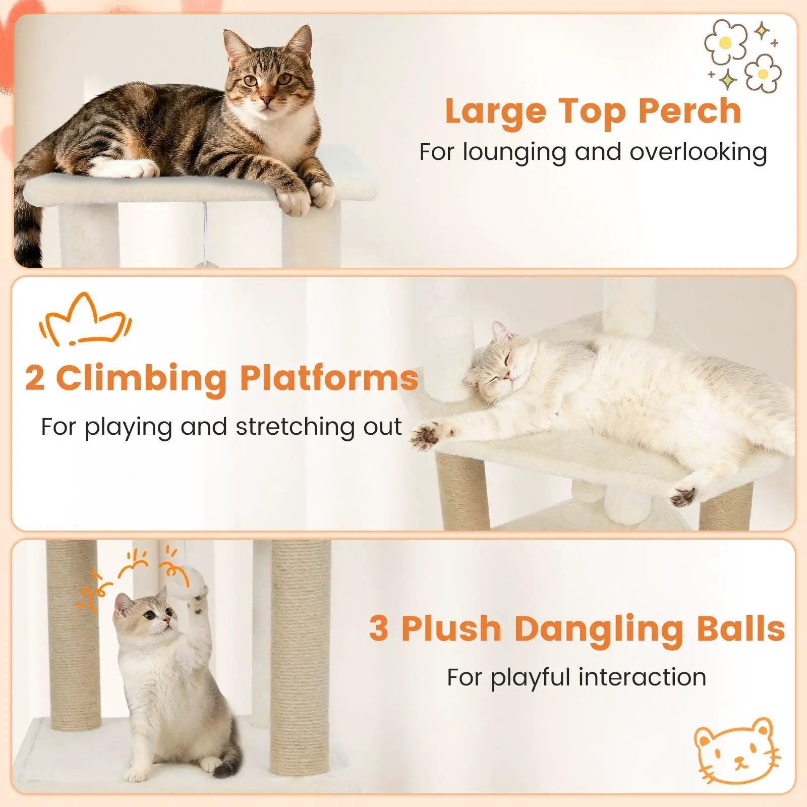 64 Inch Tall Cat Tree with 2 Large Condos and Jute Scratching Posts for Indoor Adult Cats by DirectDeals