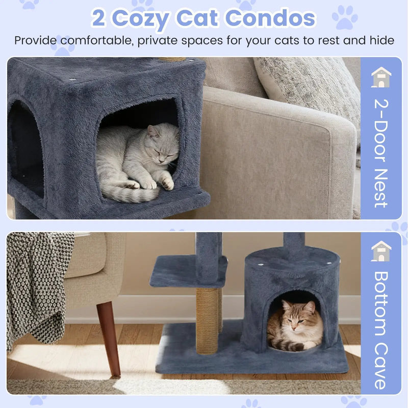 64 Inch Tall Cat Tree with 2 Large Condos and Jute Scratching Posts for Indoor Adult Cats by DirectDeals