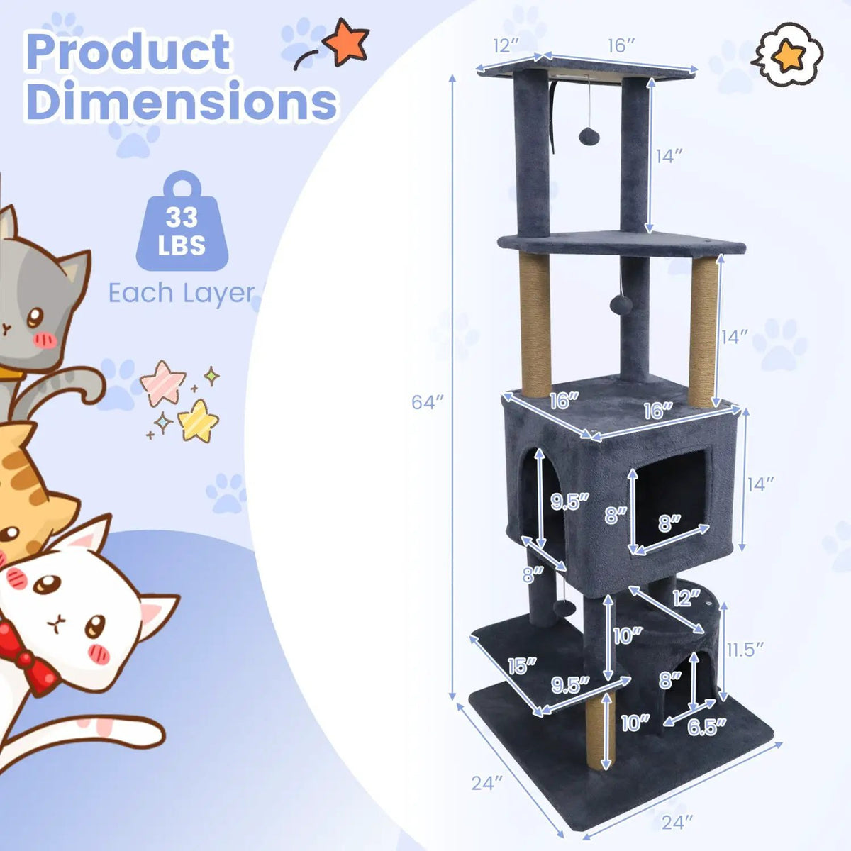 64 Inch Tall Cat Tree with 2 Large Condos and Jute Scratching Posts for Indoor Adult Cats, photo 13 of 24