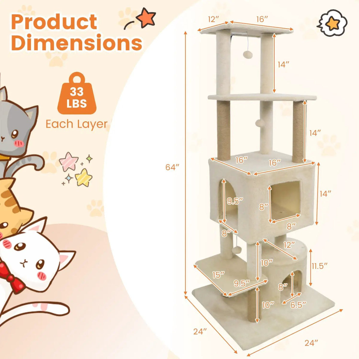 64 Inch Tall Cat Tree with 2 Large Condos and Jute Scratching Posts for Indoor Adult Cats, photo 15 of 24