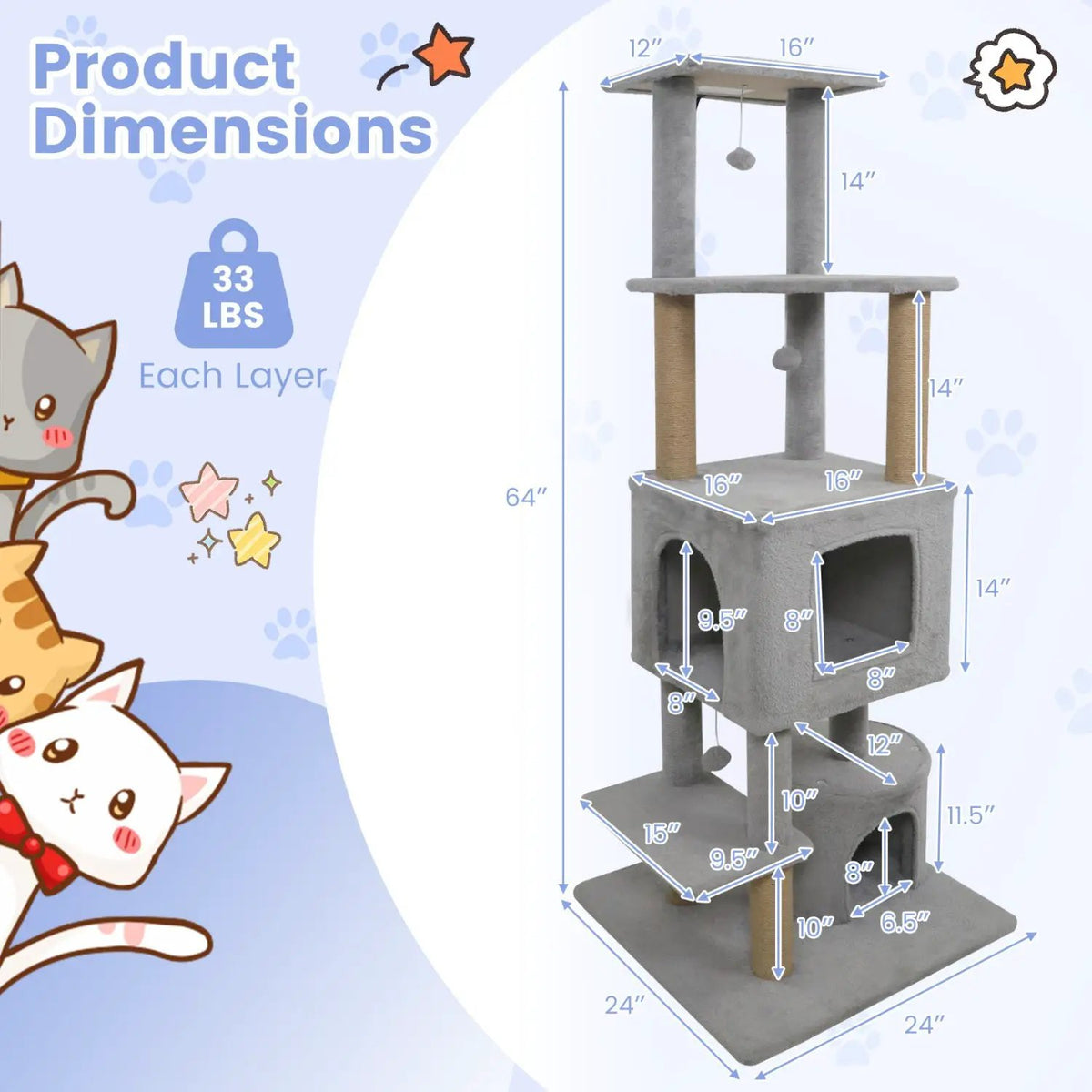 64 Inch Tall Cat Tree with 2 Large Condos and Jute Scratching Posts for Indoor Adult Cats, photo 14 of 24