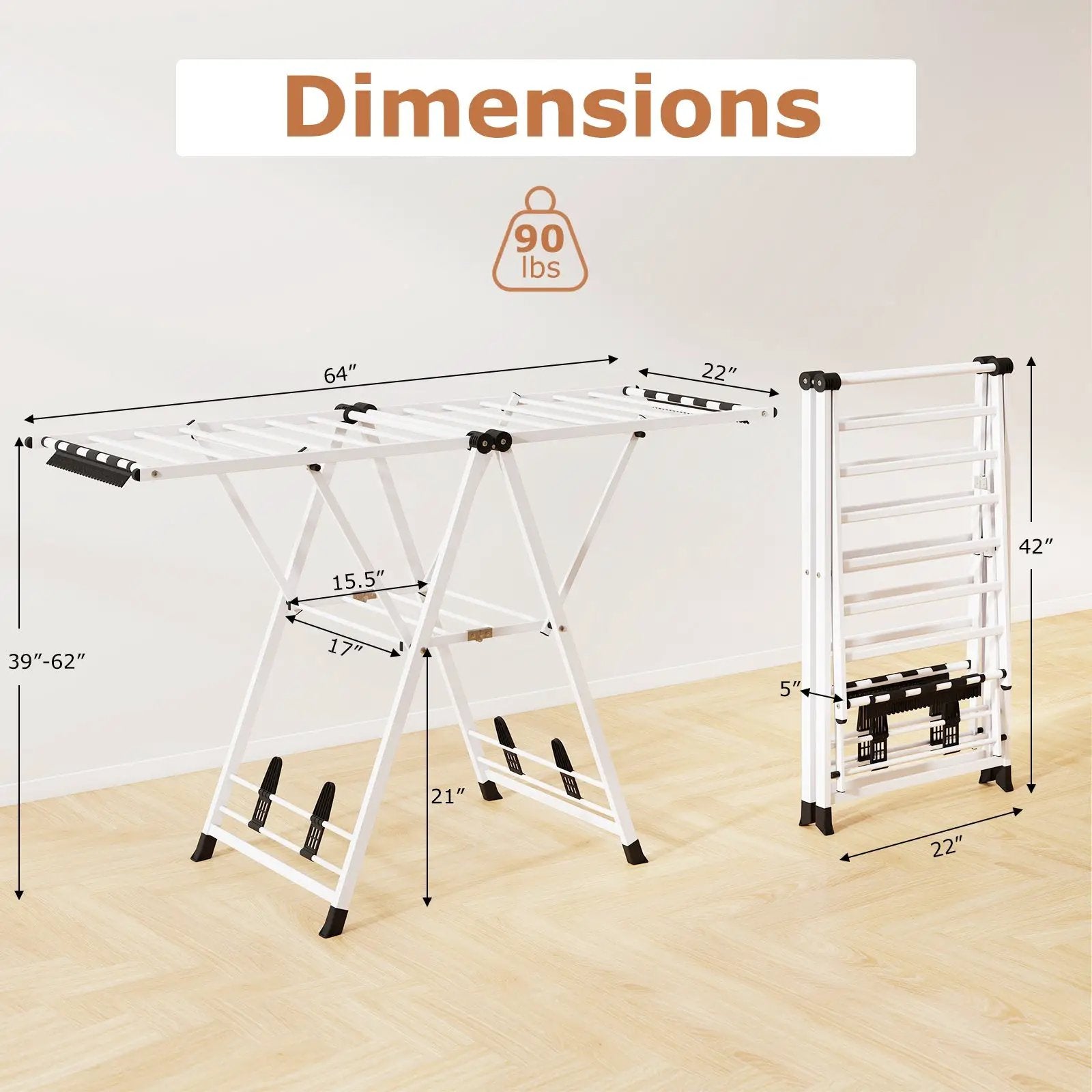 64 Inches Clothes Drying Rack with Height Adjustable Wings by DirectDeals