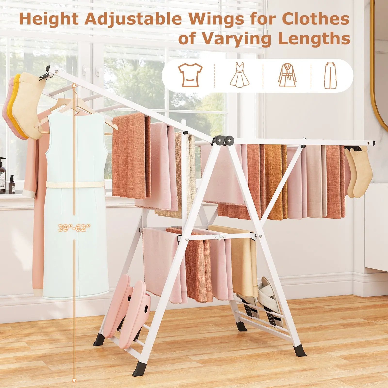 64 Inches Clothes Drying Rack with Height Adjustable Wings by DirectDeals