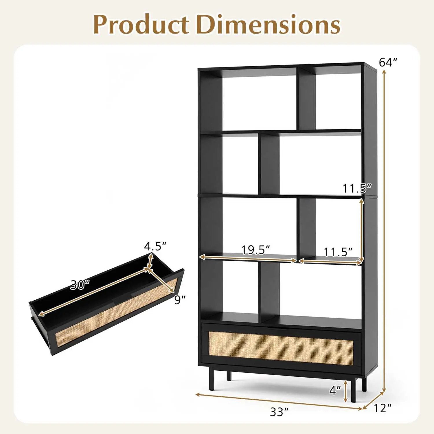 64-Inch Tall Wooden Bookcase with 8 Cubes and Drawer by DirectDeals