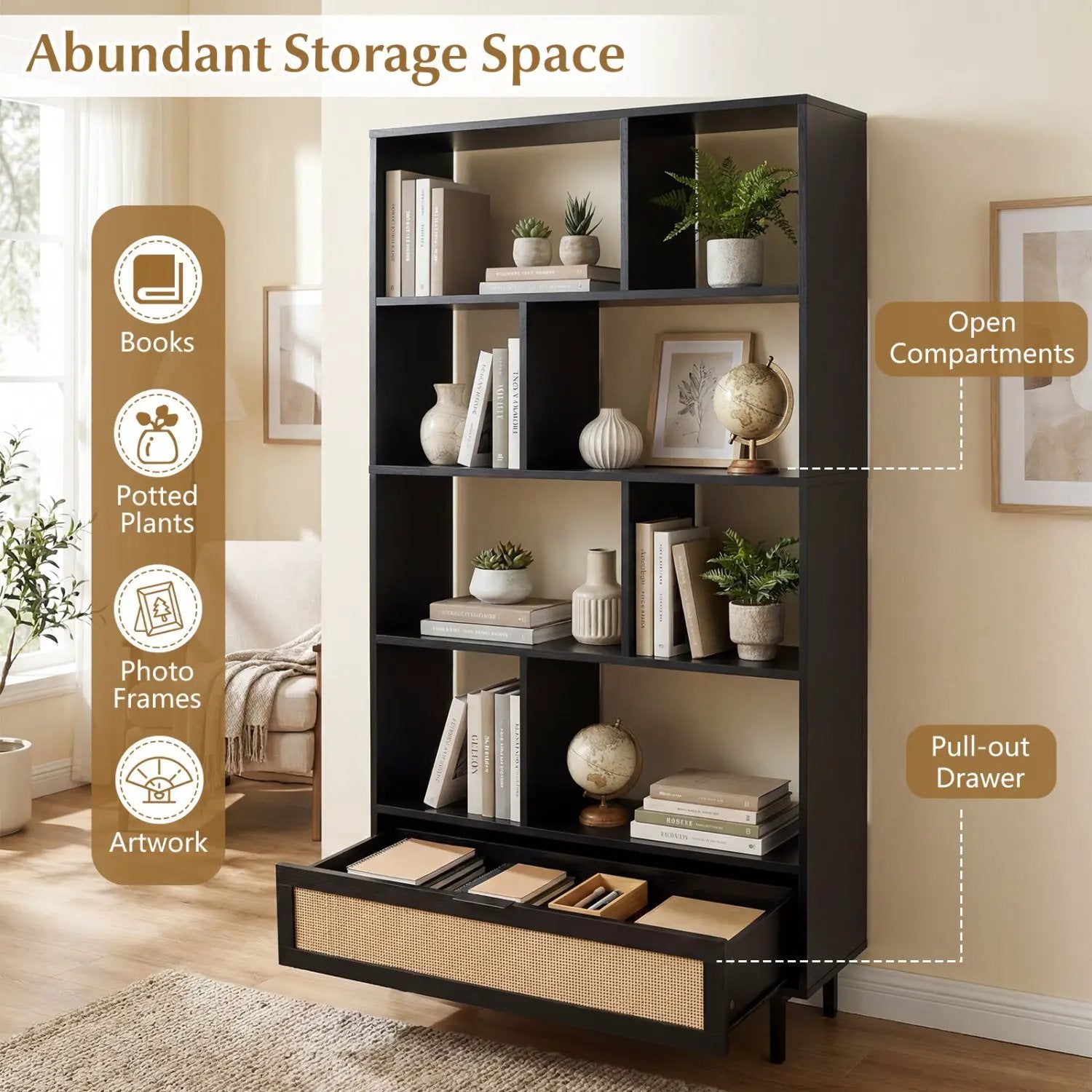 64-Inch Tall Wooden Bookcase with 8 Cubes and Drawer by DirectDeals