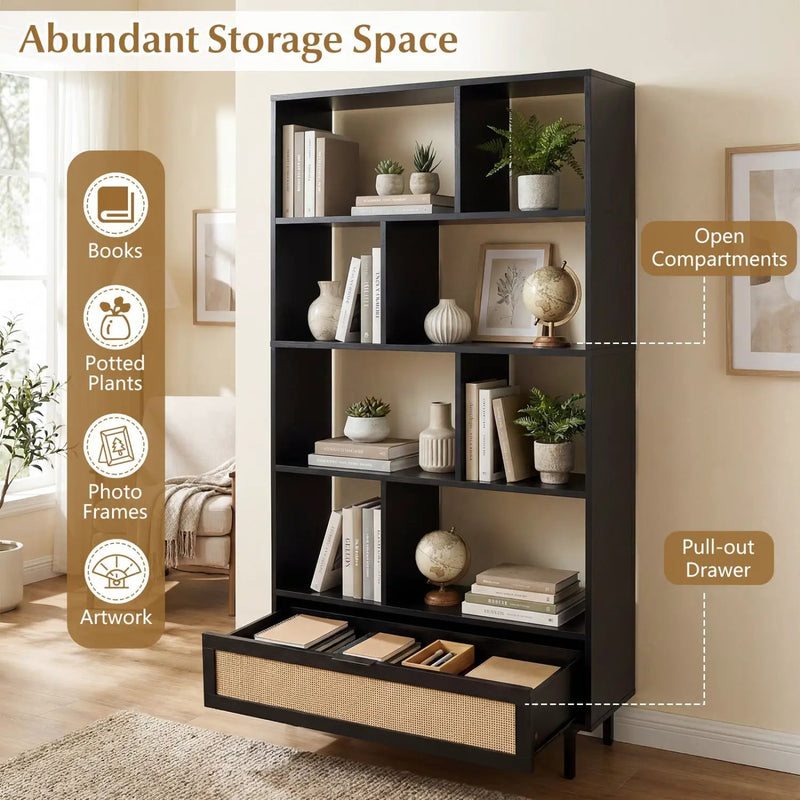 64-Inch Tall Wooden Bookcase with 8 Cubes and Drawer by DirectDeals