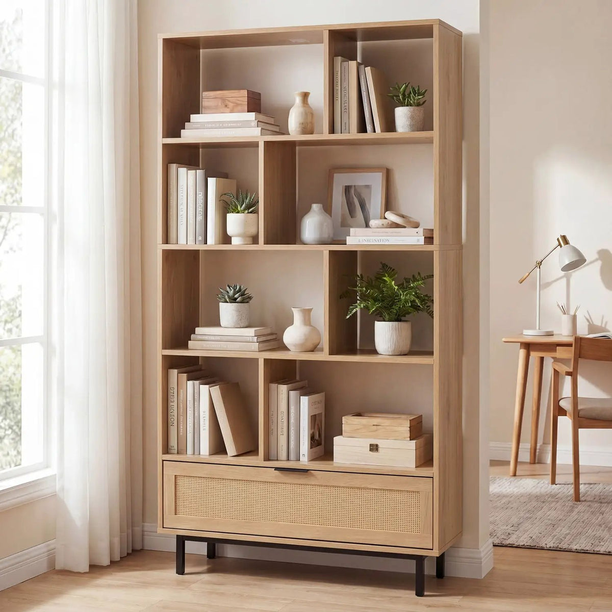 64-Inch Tall Wooden Bookcase with 8 Cubes and Drawer, photo 10 of 16
