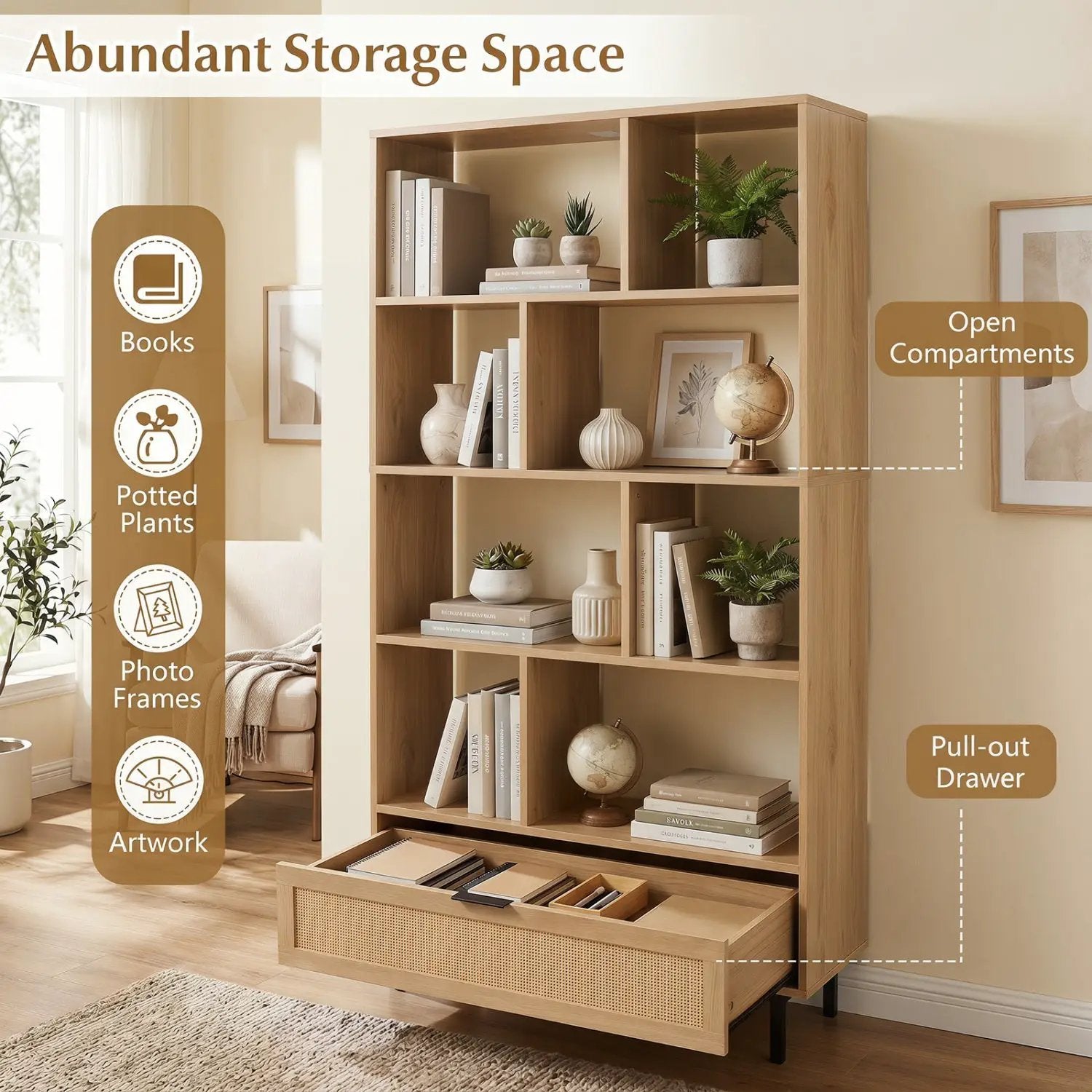 64-Inch Tall Wooden Bookcase with 8 Cubes and Drawer by DirectDeals