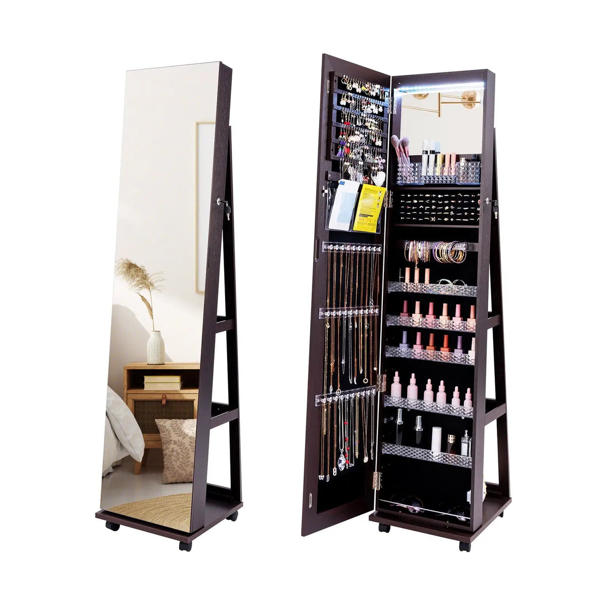 64 Inches Lockable Jewelry Cabinet Armoire with Built-in Makeup Mirror, photo 12 of 12