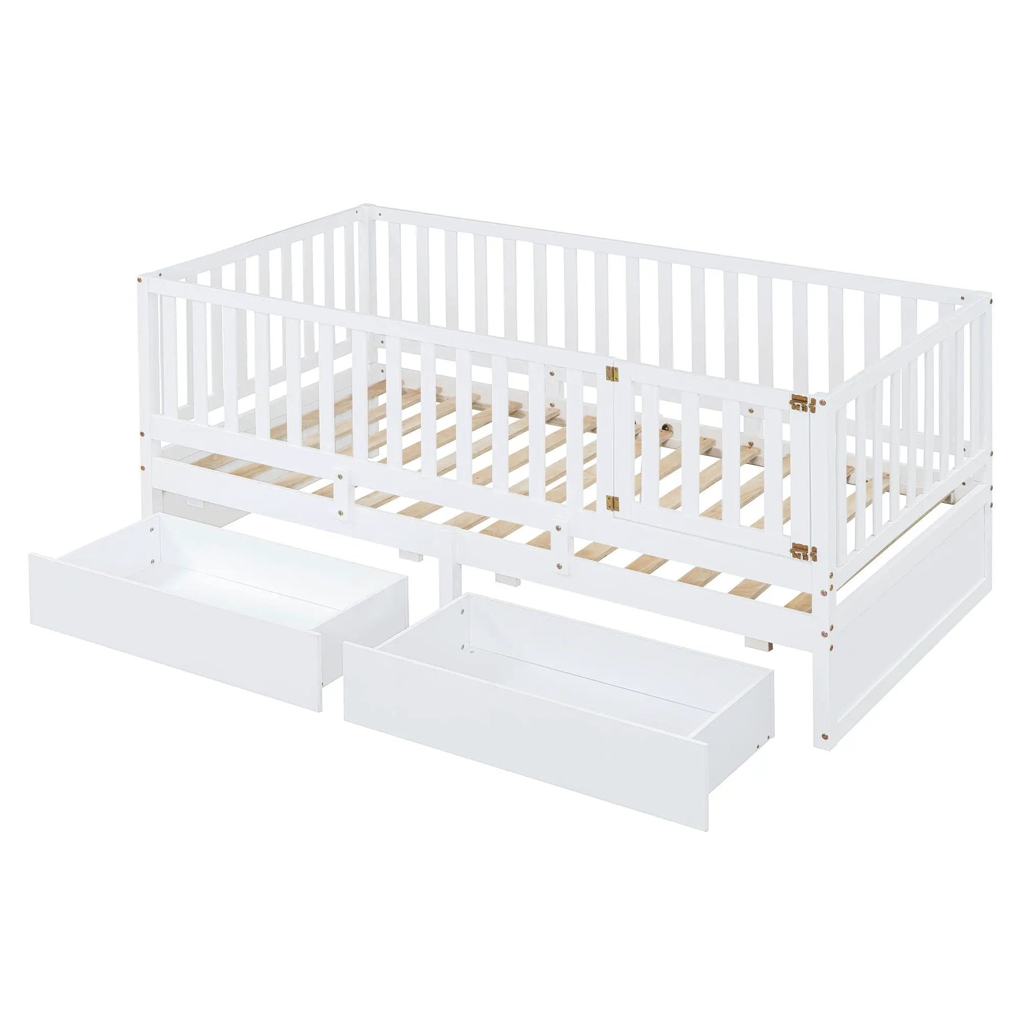 Daybed With Fence Guardrails And 2 Drawers, Split Into Independent Floor Bed & Daybed by HouseOfZazla