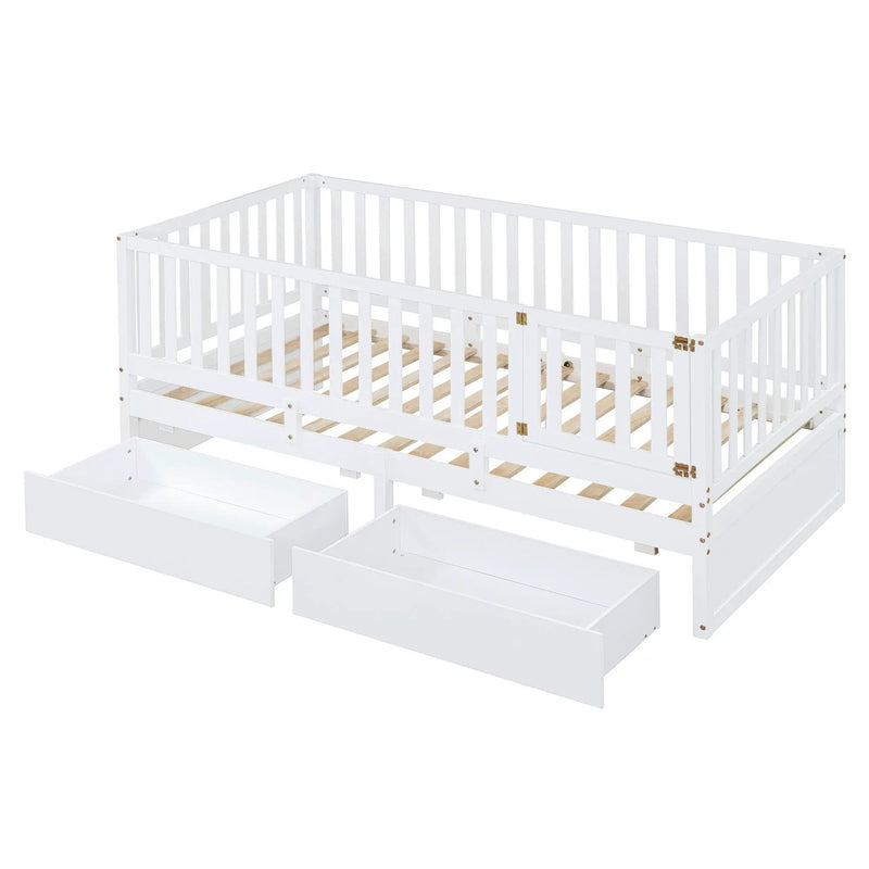 Daybed With Fence Guardrails And 2 Drawers, Split Into Independent Floor Bed & Daybed by HouseOfZazla