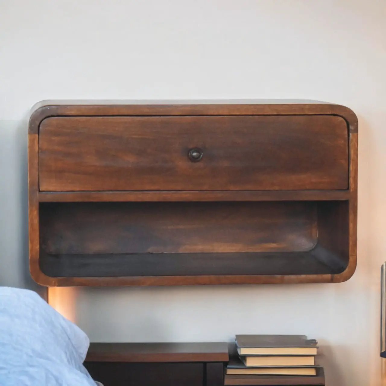 Solid Wood Large Curve Floating Bedside, 1-Drawer, 1 Open Slot, Chestnut by HouseOfZazla