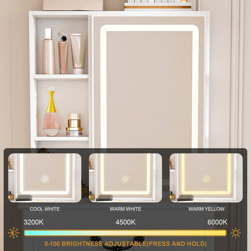 Modern Mini Dressing Table With Led-Lit Mirror & Hidden Storage, Adjustable Brightness Vanity Desk - White by Unique Piece Furniture