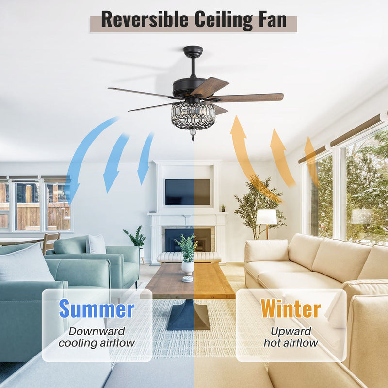 Ceiling Fan With Crystal Lampshade, 5 Blades, DC Motor, 6 Speed Remote Control, 1 / 4 / 8 Hour Timer - Black by HouseOfZazla