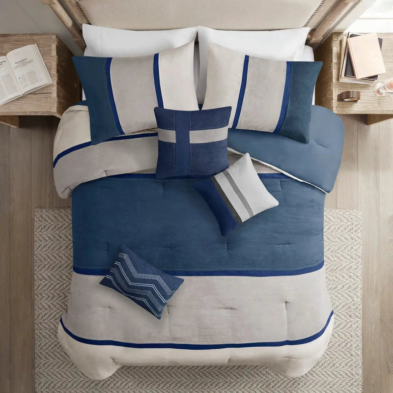7 Piece Faux Suede Comforter Set Blue Queen by HouseOfZazla
