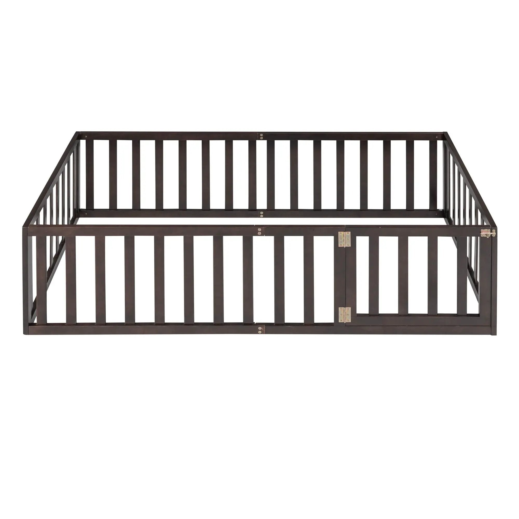 Twin Size Floor Bed Frame With Fence And Door - Walnut by HouseOfZazla