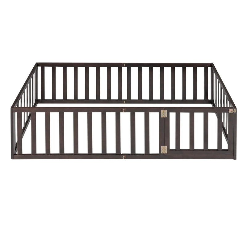 Twin Size Floor Bed Frame With Fence And Door - Walnut by HouseOfZazla